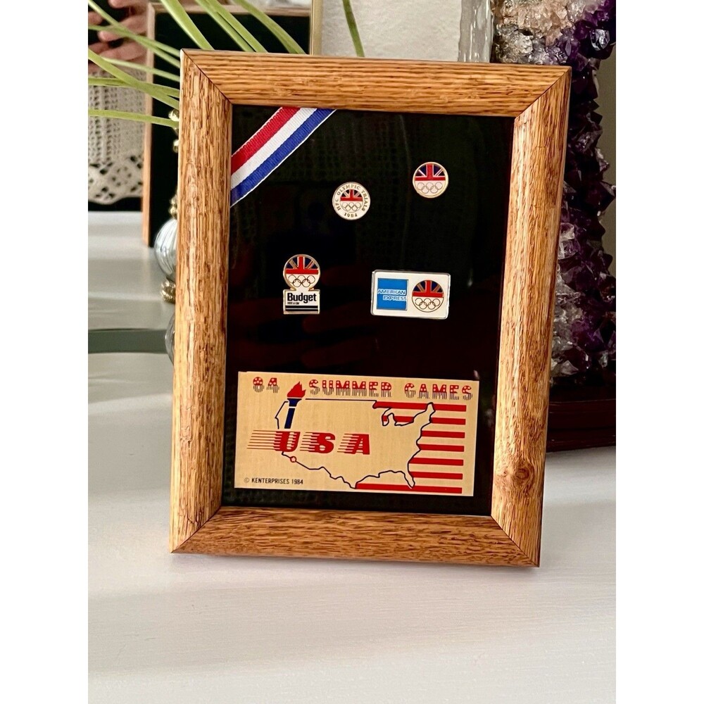 1984 LA Olympic Games Sponsor Pin Display Framed American Express Budget Vintage